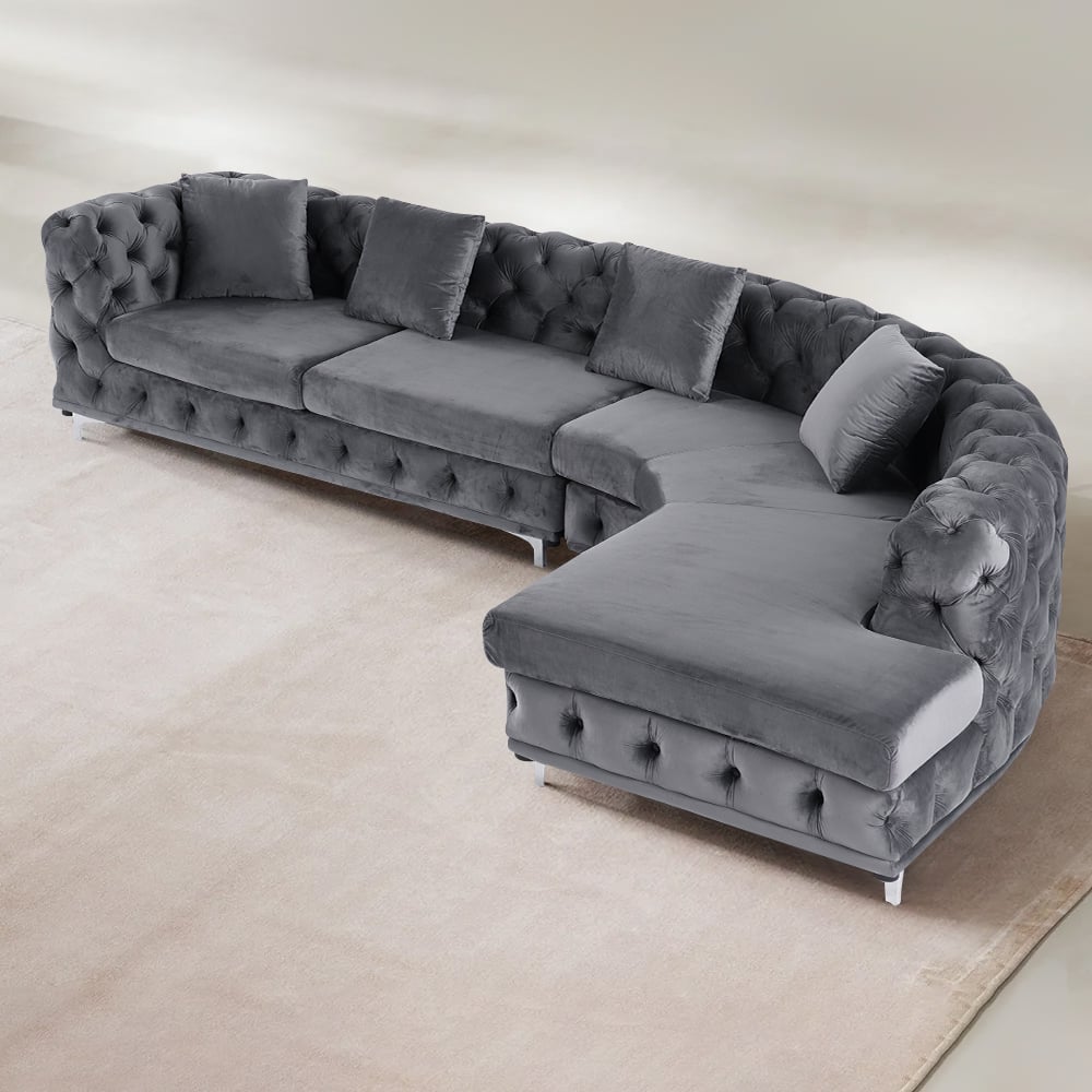 L-Shaped Curved Gray Sectional Sofa Upholstered Velvet Chesterfield Sofa