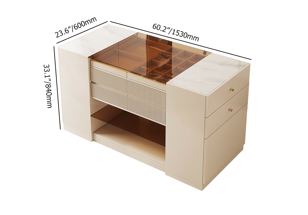 60" Glass Top Dresser Walk-in Closet Island with Jewelry Storage