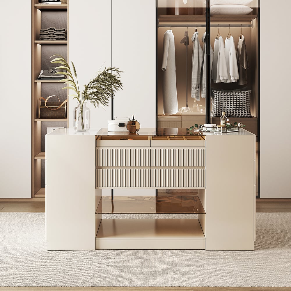 60" Glass Top Dresser Walk-in Closet Island with Jewelry Storage