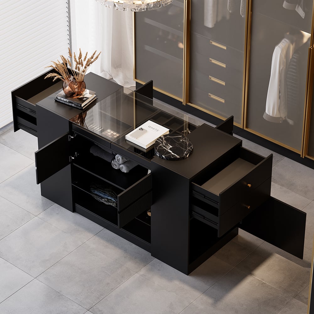60" Glass Top Dresser Walk-in Closet Island with Jewelry Storage