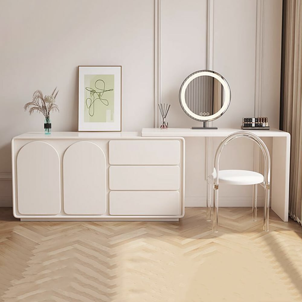 Arem Modern Off White Makeup Vanity Retracted Dressing Table Beauty Station with Drawers