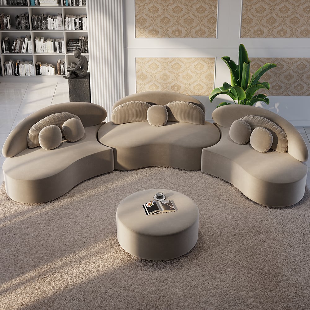 146" 4-Piece Curved Velvet Sectional Sofa with Ottoman & Pillows