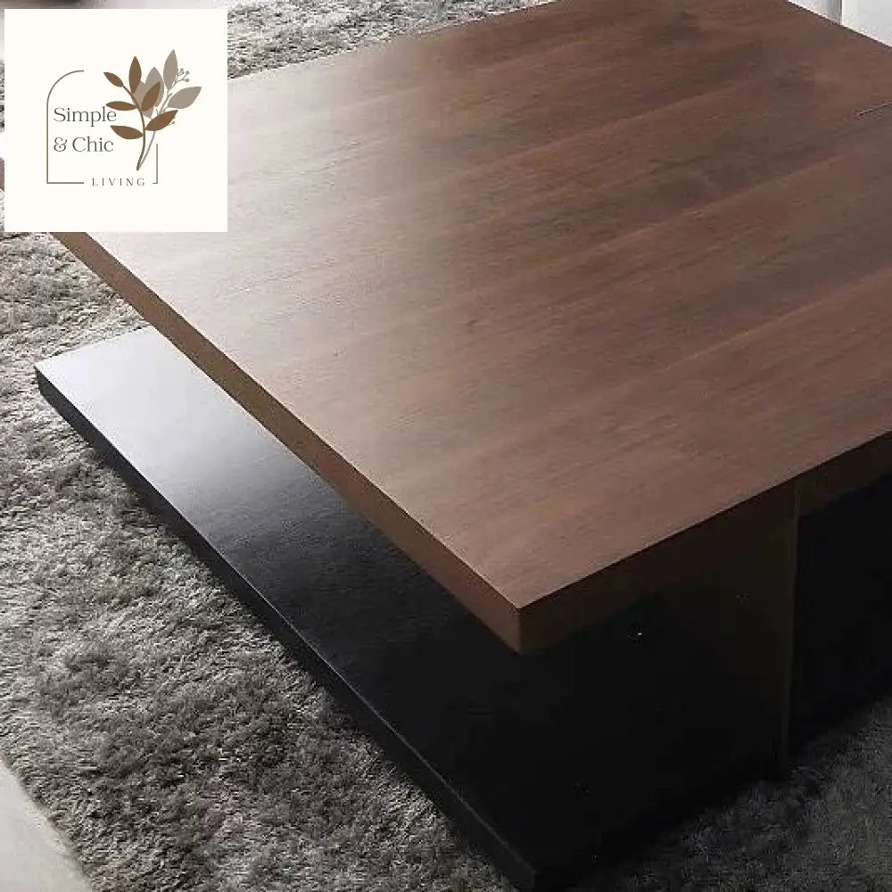 Industrial Black & Walnut Square Pedestal Coffee Table Solid Wood Accent Table