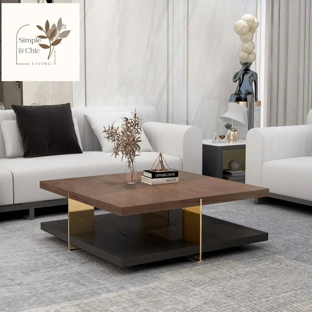 Industrial Black & Walnut Square Pedestal Coffee Table Solid Wood Accent Table