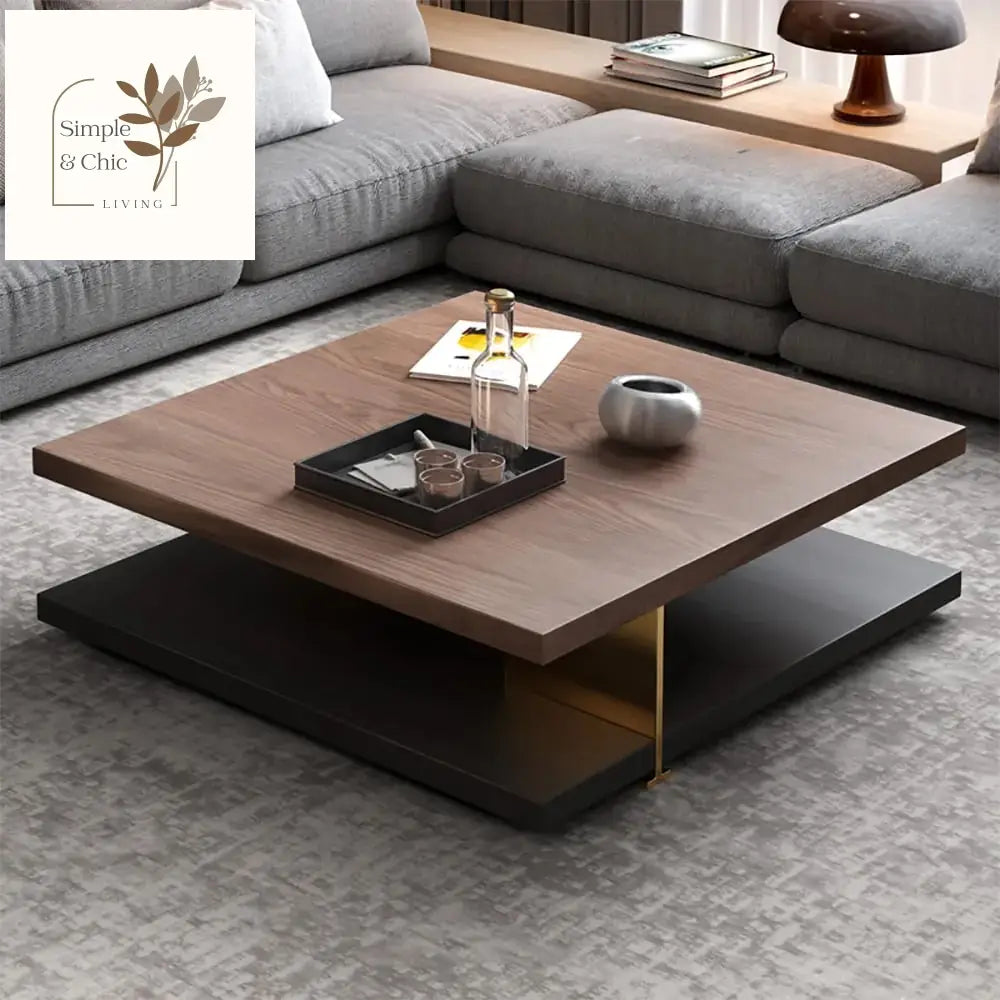 Industrial Black & Walnut Square Pedestal Coffee Table Solid Wood Accent Table