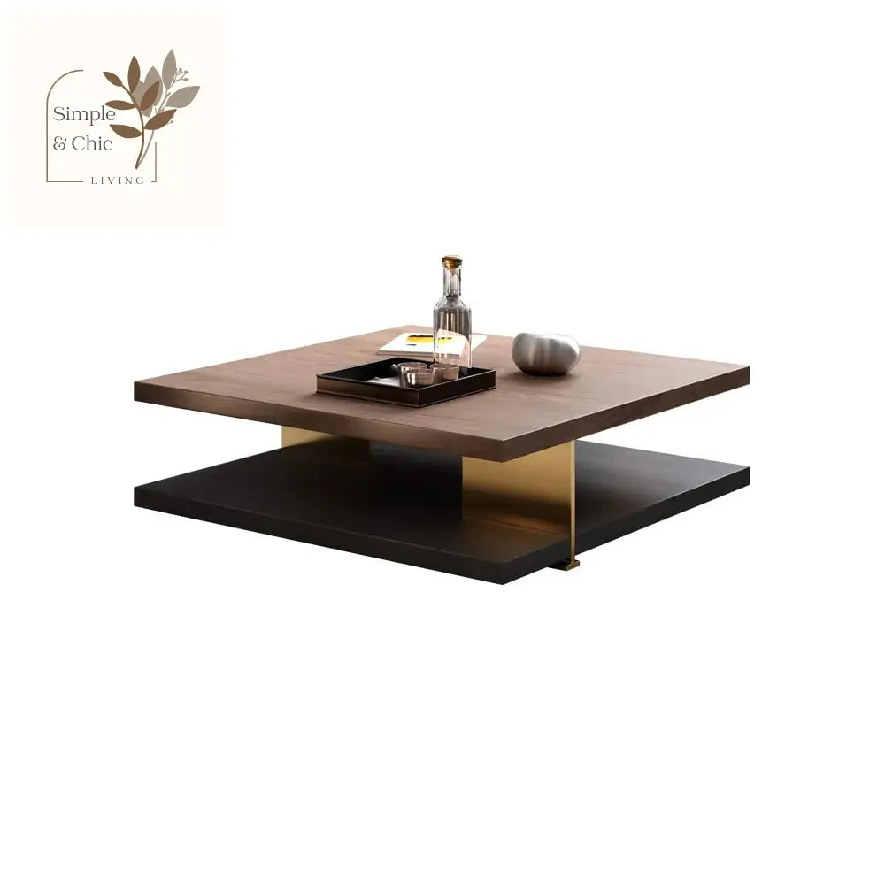 Industrial Black & Walnut Square Pedestal Coffee Table Solid Wood Accent Table
