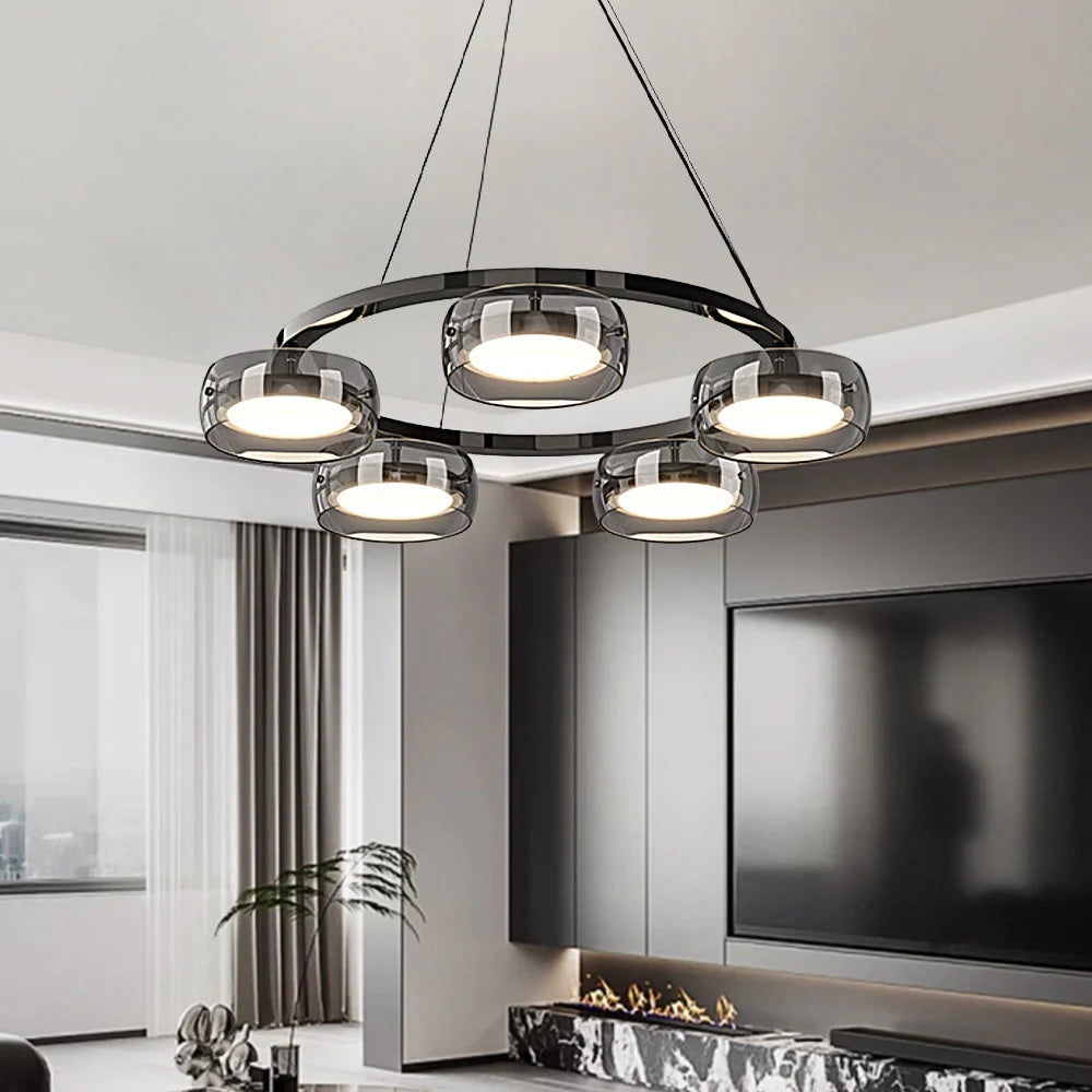 Modern Smoky Glass LED Ring Chandelier