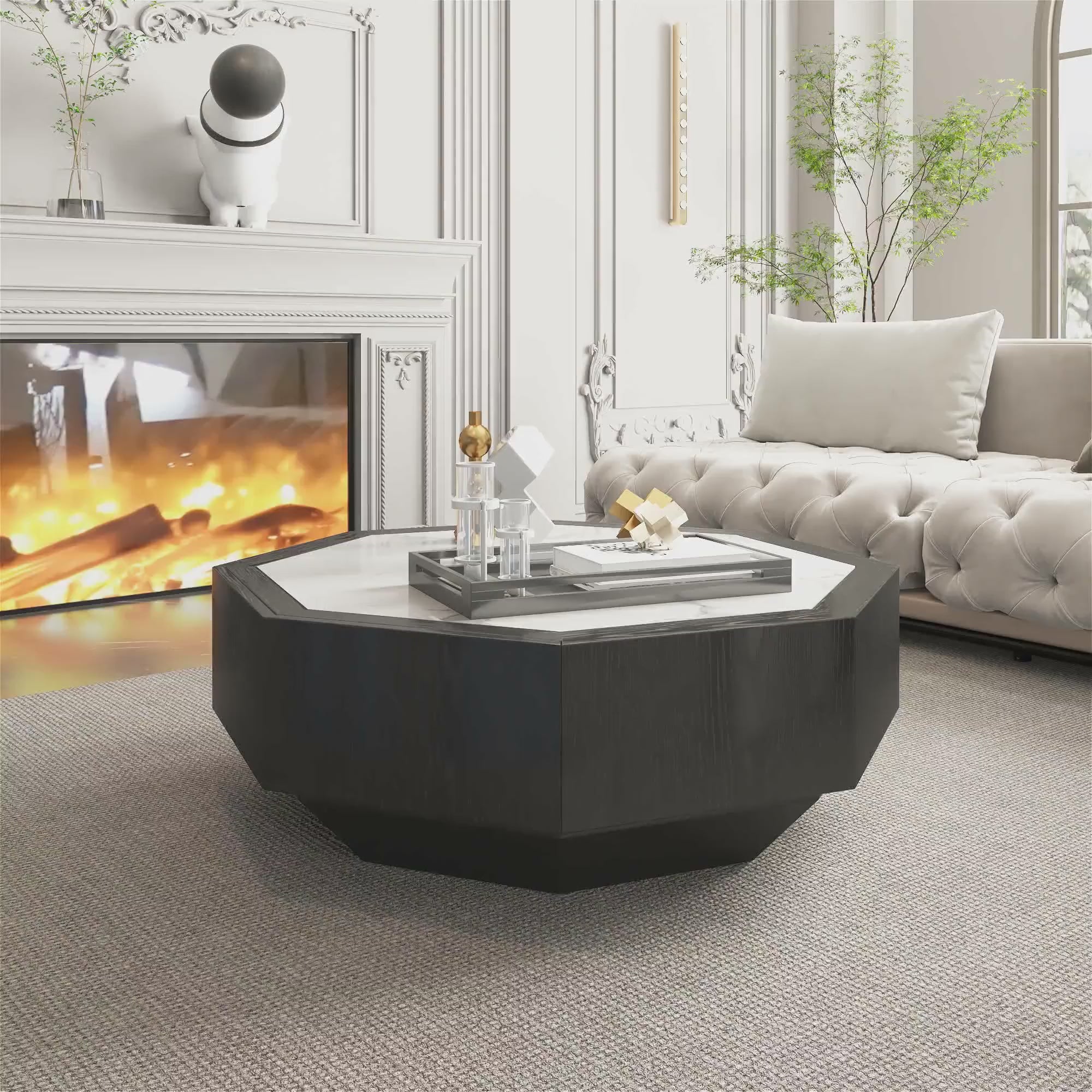 Wood Octagonal Coffee Table Rotating in Black with 2 Drawers Sintered Stone Top